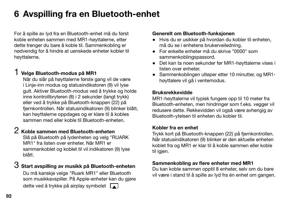 6 avspilling fra en bluetooth-enhet | Ruark Audio MR1 User Manual | Page 92 / 96