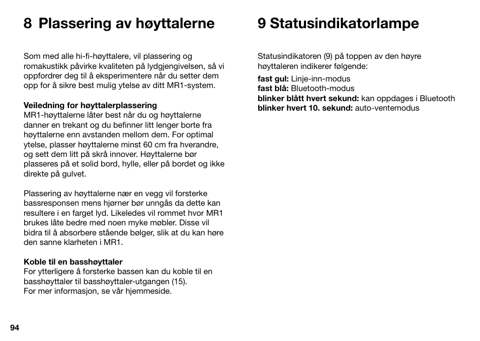 8 plassering av høyttalerne 9 statusindikatorlampe | Ruark Audio MR1 User Manual | Page 94 / 96