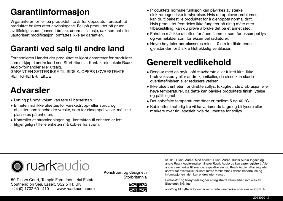 Garantiinformasjon, Advarsler, Generelt vedlikehold | Garanti ved salg til andre land | Ruark Audio MR1 User Manual | Page 96 / 96