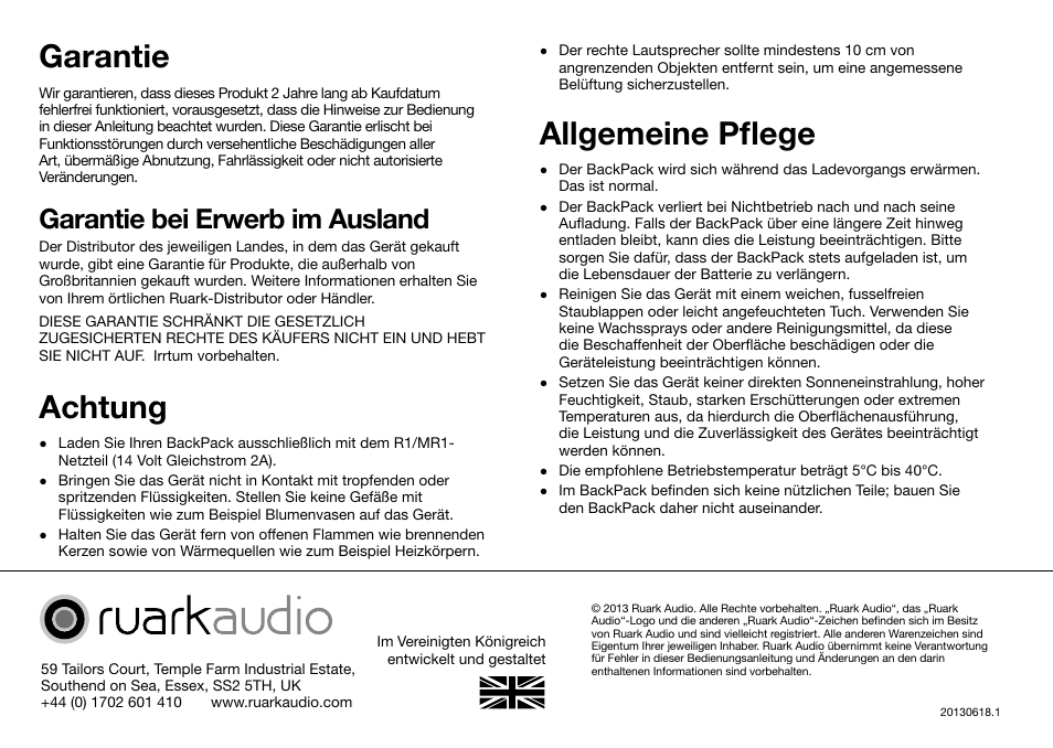 Garantie, Achtung, Allgemeine pflege | Garantie bei erwerb im ausland | Ruark Audio BackPack User Manual | Page 12 / 32