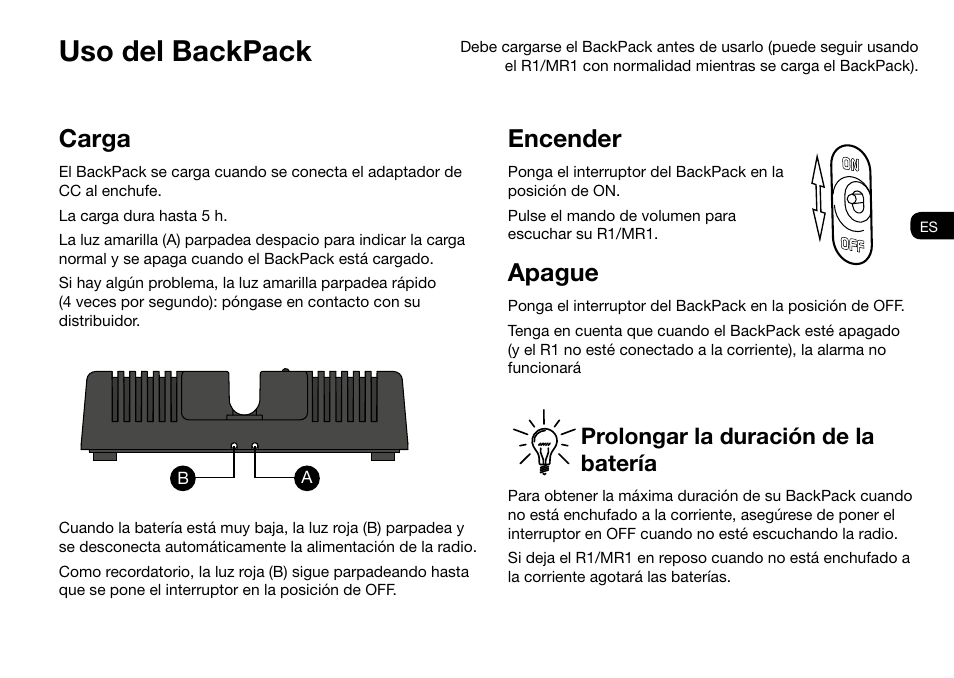 Uso del backpack, Encender, Apague | Carga, Prolongar la duración de la batería | Ruark Audio BackPack User Manual | Page 15 / 32