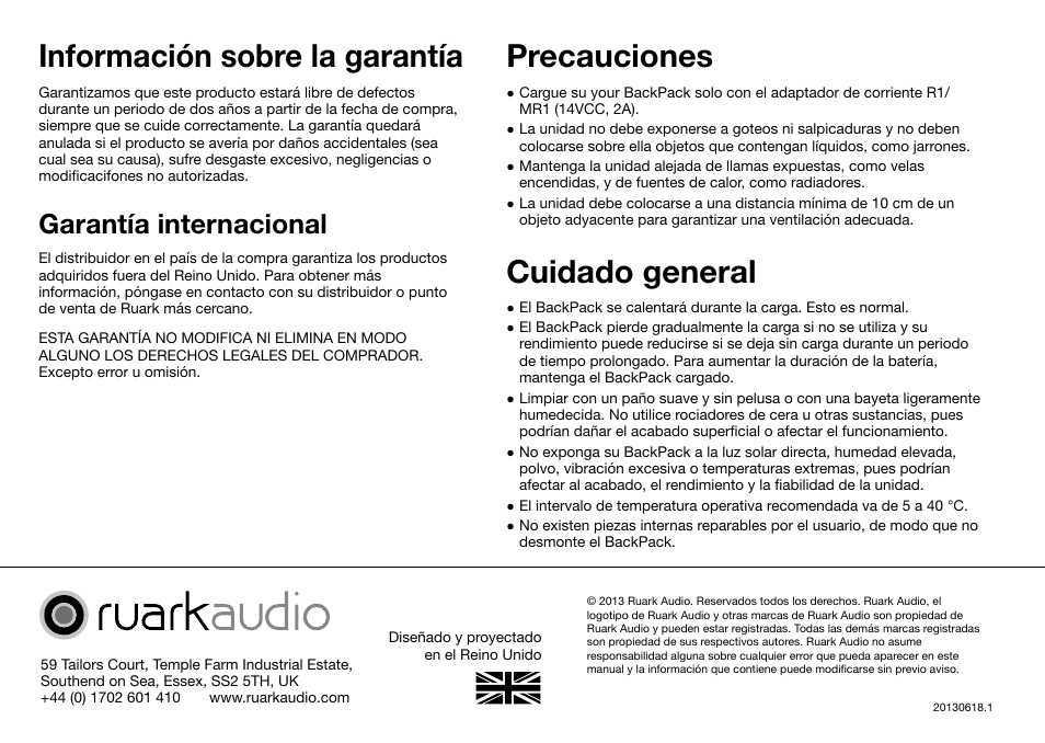 Información sobre la garantía, Precauciones, Cuidado general | Garantía internacional | Ruark Audio BackPack User Manual | Page 16 / 32