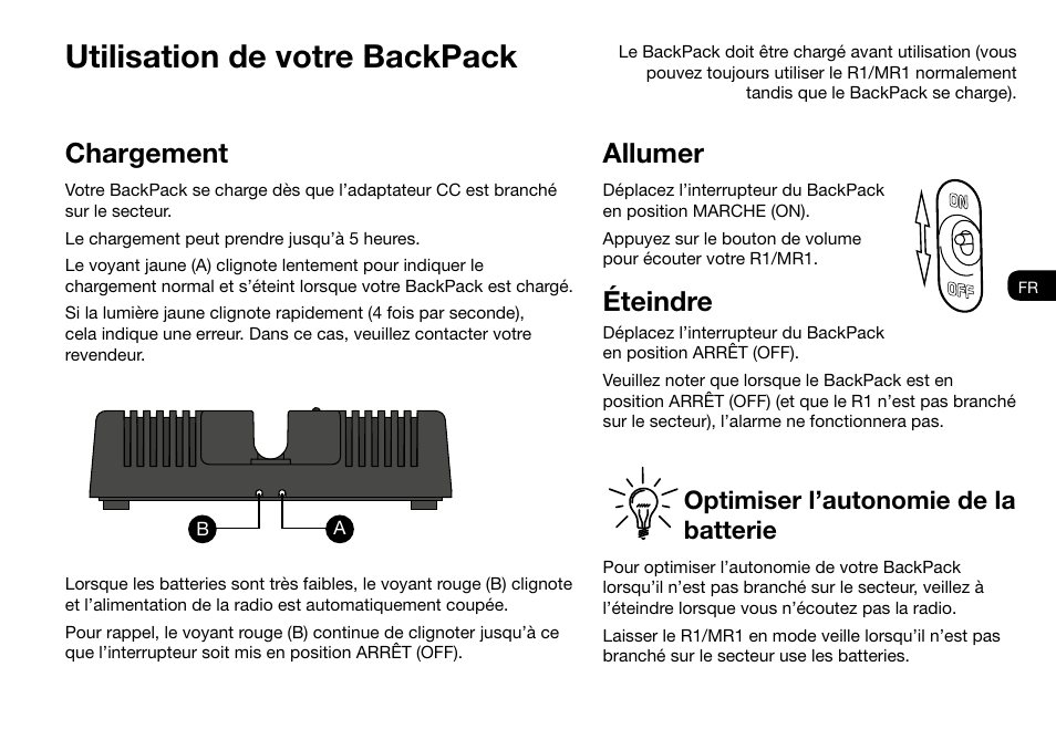 Utilisation de votre backpack, Allumer, Éteindre | Chargement, Optimiser l’autonomie de la batterie | Ruark Audio BackPack User Manual | Page 19 / 32