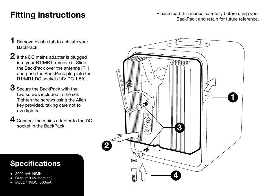 Fitting instructions, Specifications | Ruark Audio BackPack User Manual | Page 2 / 32