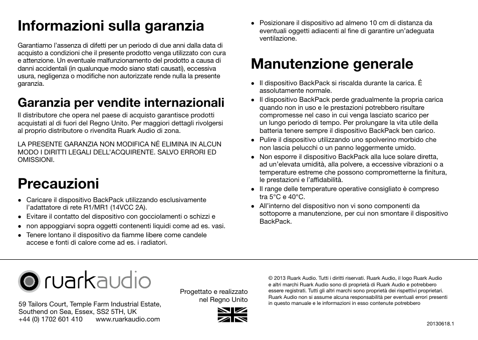 Informazioni sulla garanzia, Precauzioni, Manutenzione generale | Garanzia per vendite internazionali | Ruark Audio BackPack User Manual | Page 24 / 32
