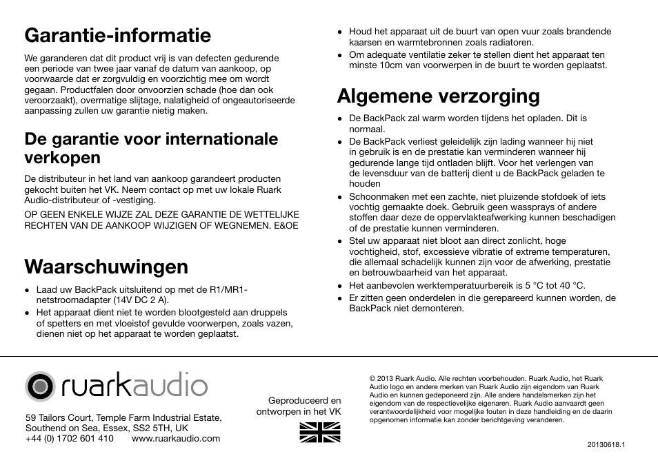 Garantie-informatie, Waarschuwingen, Algemene verzorging | De garantie voor internationale verkopen | Ruark Audio BackPack User Manual | Page 28 / 32