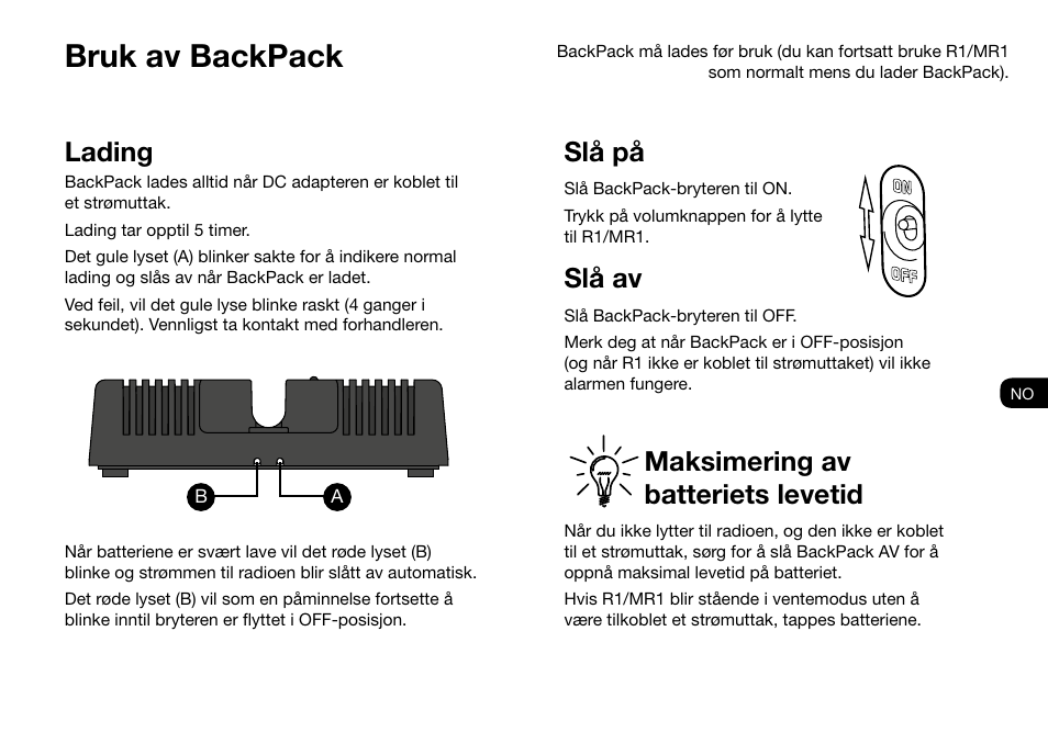 Bruk av backpack, Slå på, Slå av | Maksimering av batteriets levetid, Lading | Ruark Audio BackPack User Manual | Page 31 / 32