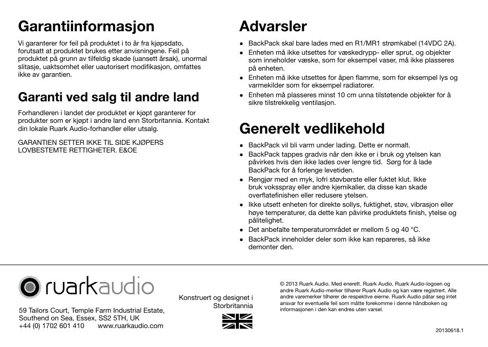 Garantiinformasjon, Advarsler, Generelt vedlikehold | Garanti ved salg til andre land | Ruark Audio BackPack User Manual | Page 32 / 32