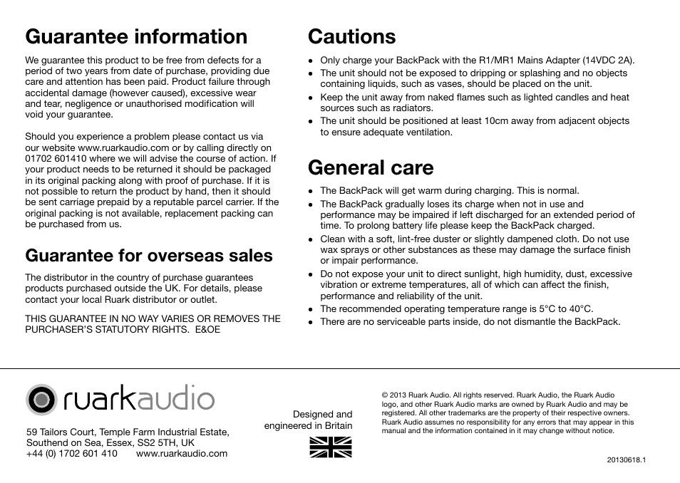 Guarantee information, Cautions, General care | Guarantee for overseas sales | Ruark Audio BackPack User Manual | Page 4 / 32