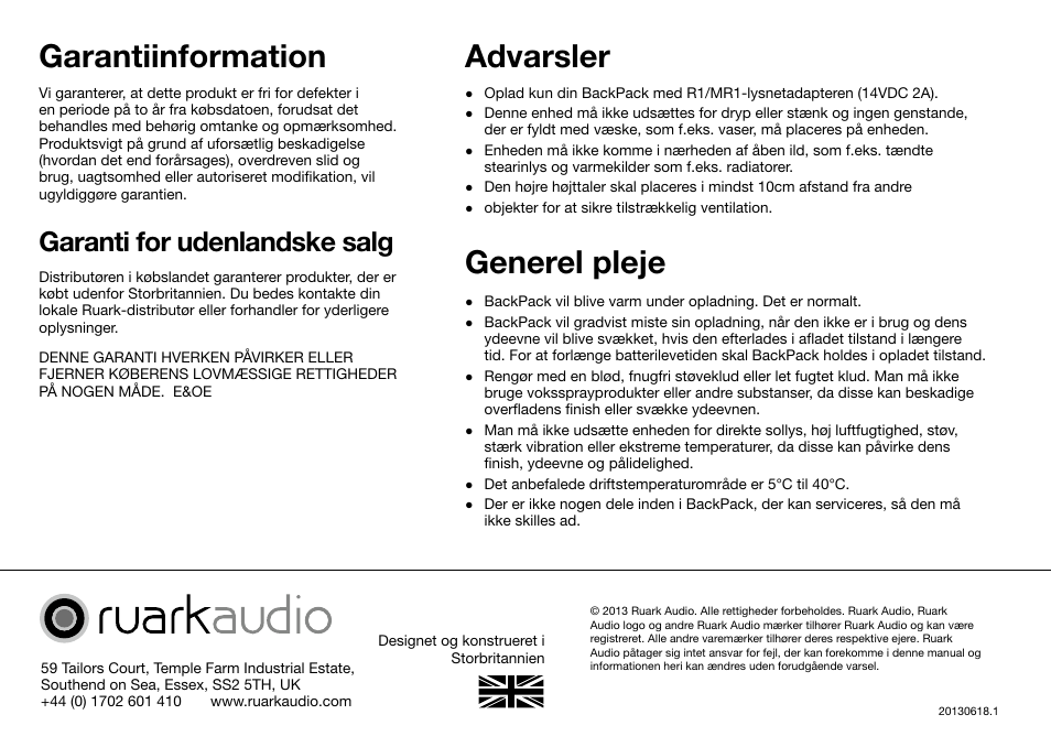 Garantiinformation, Advarsler, Generel pleje | Garanti for udenlandske salg | Ruark Audio BackPack User Manual | Page 8 / 32