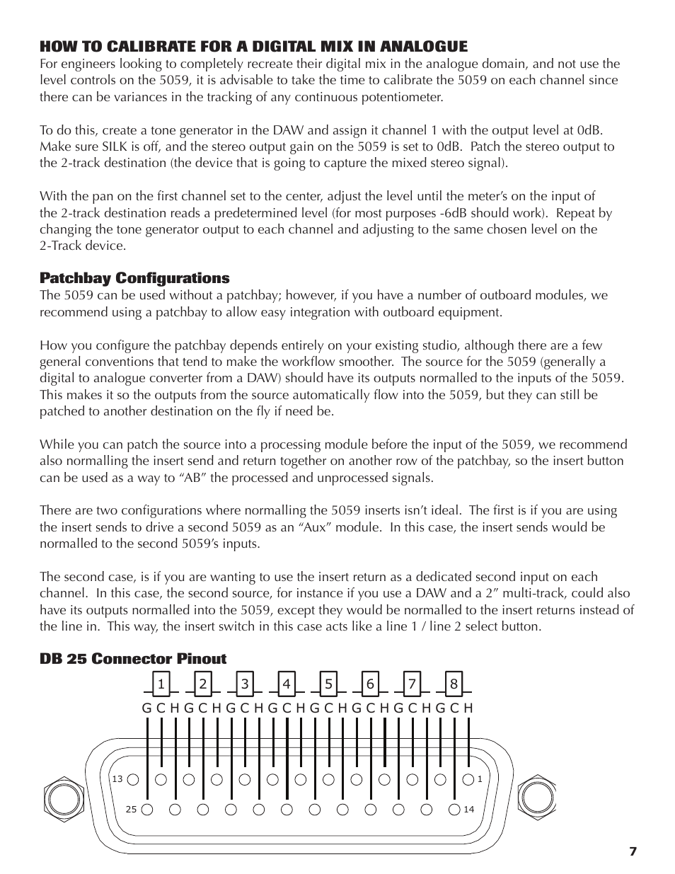 How to calibrate for a digital mix in analogue, Patchbay configurations, Db 25 connector pinout | Rupert Neve Satellite 5059 16x2+2 Mixer User Manual | Page 7 / 16