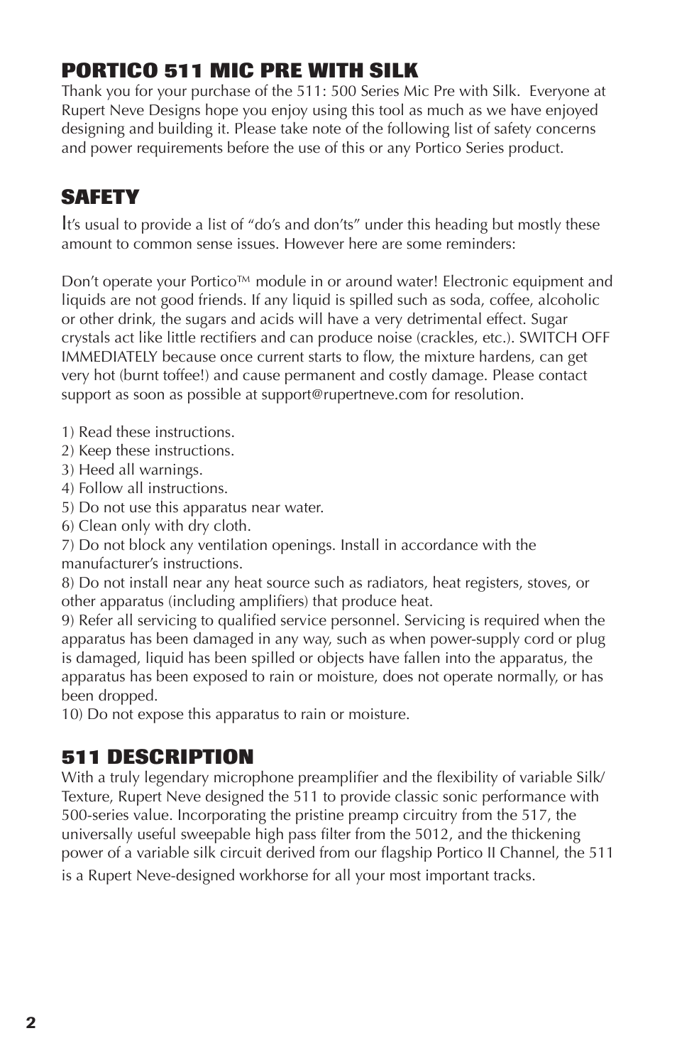 Portico 511 mic pre with silk, Safety i, 511 description | Rupert Neve 511 - 500 Series Mic Pre with Silk User Manual | Page 2 / 10