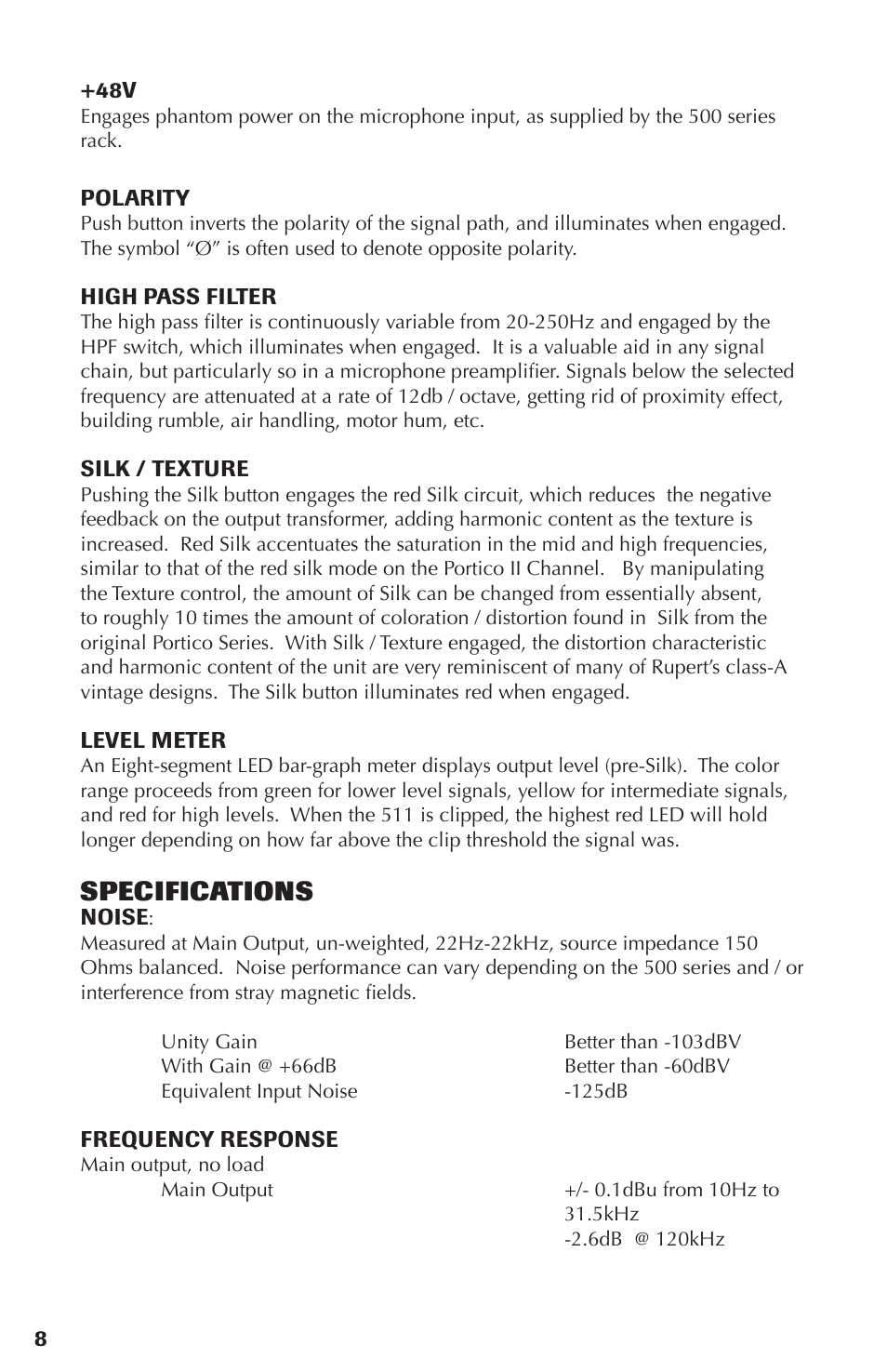 Specifications | Rupert Neve 511 - 500 Series Mic Pre with Silk User Manual | Page 8 / 10