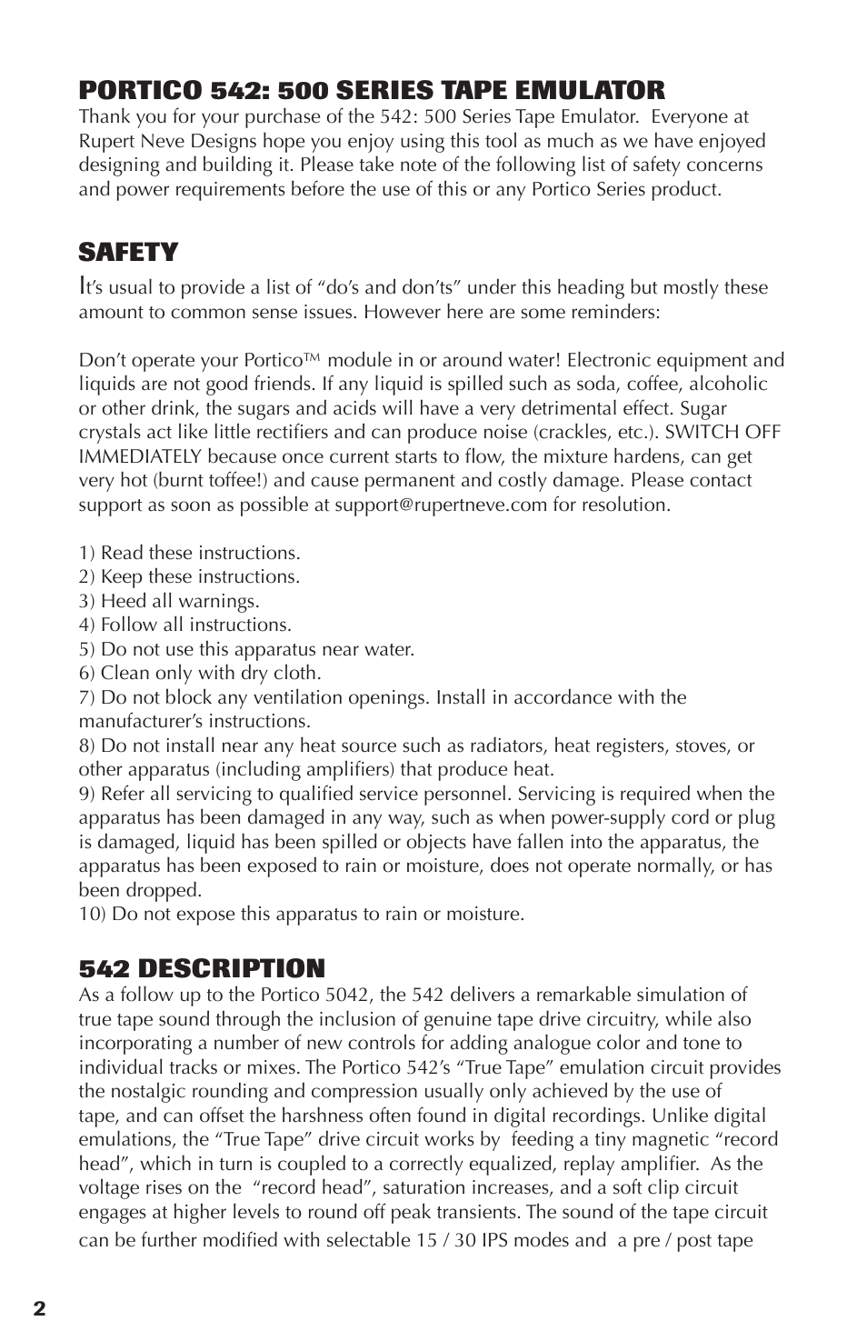 Safety i, 542 description | Rupert Neve Portico 542 - 500 Series Tape Emulator with Silk User Manual | Page 2 / 11