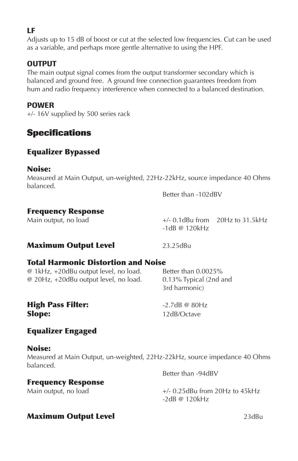 Specifications | Rupert Neve 551 - 500 Series Inductor EQ User Manual | Page 6 / 9