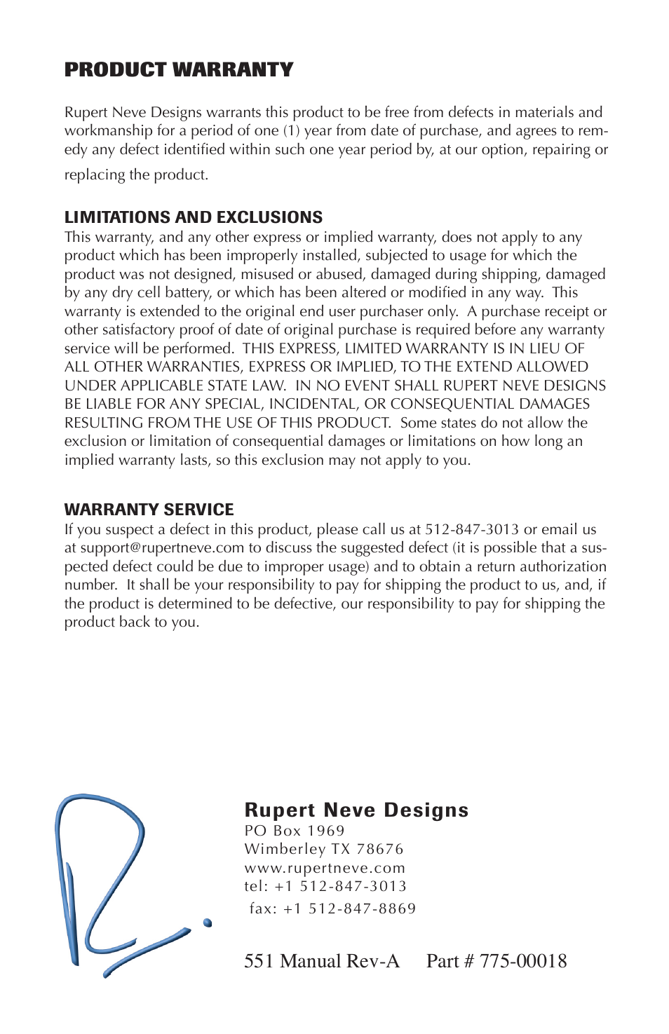 Product warranty, Rupert neve designs | Rupert Neve 551 - 500 Series Inductor EQ User Manual | Page 9 / 9
