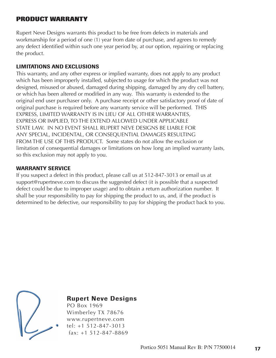 Rupert Neve Shelford 5051 Inductor EQ / Compressor User Manual | Page 17 / 17