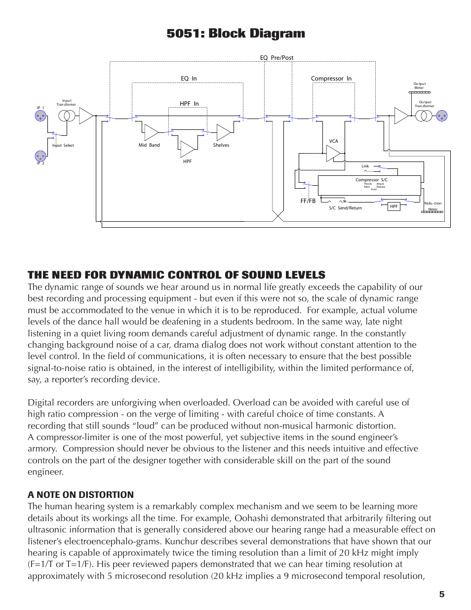 5051: block diagram, The need for dynamic control of sound levels | Rupert Neve Shelford 5051 Inductor EQ / Compressor User Manual | Page 5 / 17