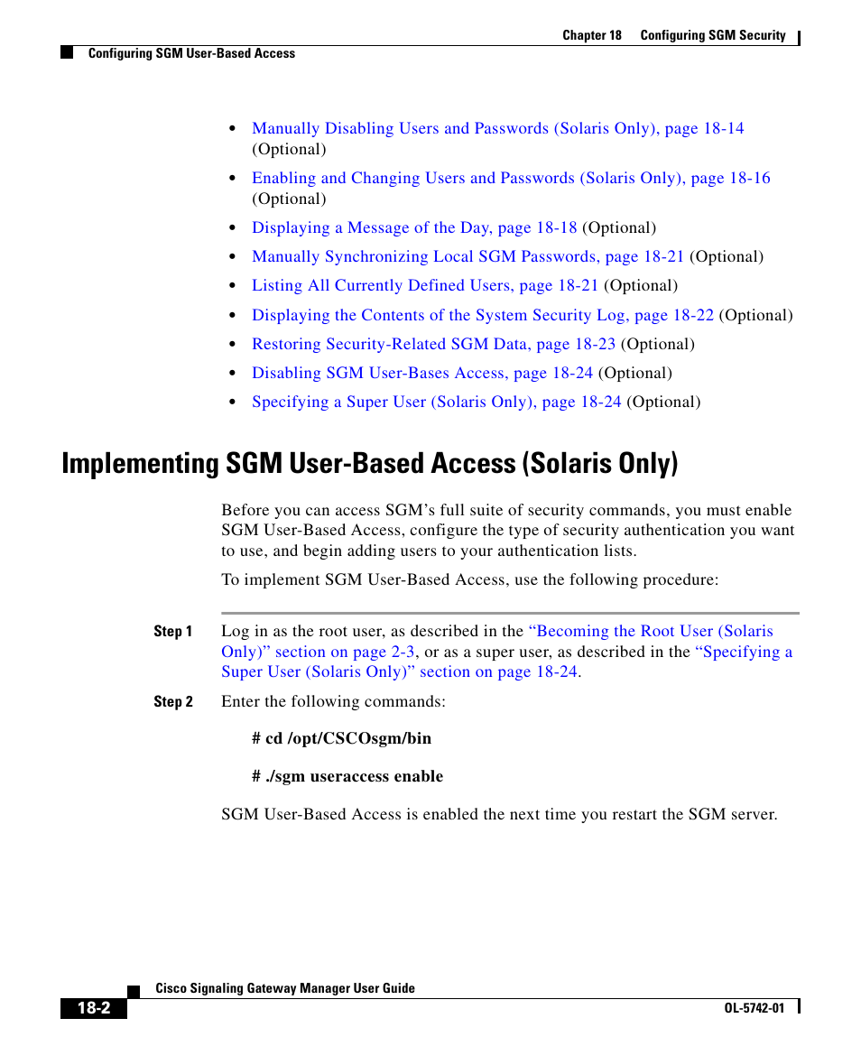 Implementing sgm user-based access (solaris only), Requi | Cisco OL-5742-01 User Manual | Page 2 / 42