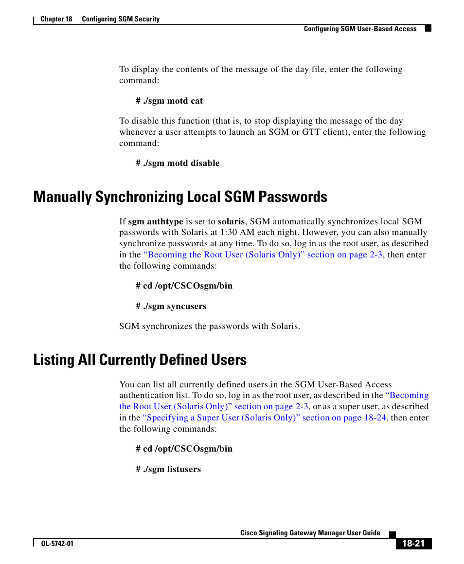 Manually synchronizing local sgm passwords, Listing all currently defined users | Cisco OL-5742-01 User Manual | Page 21 / 42