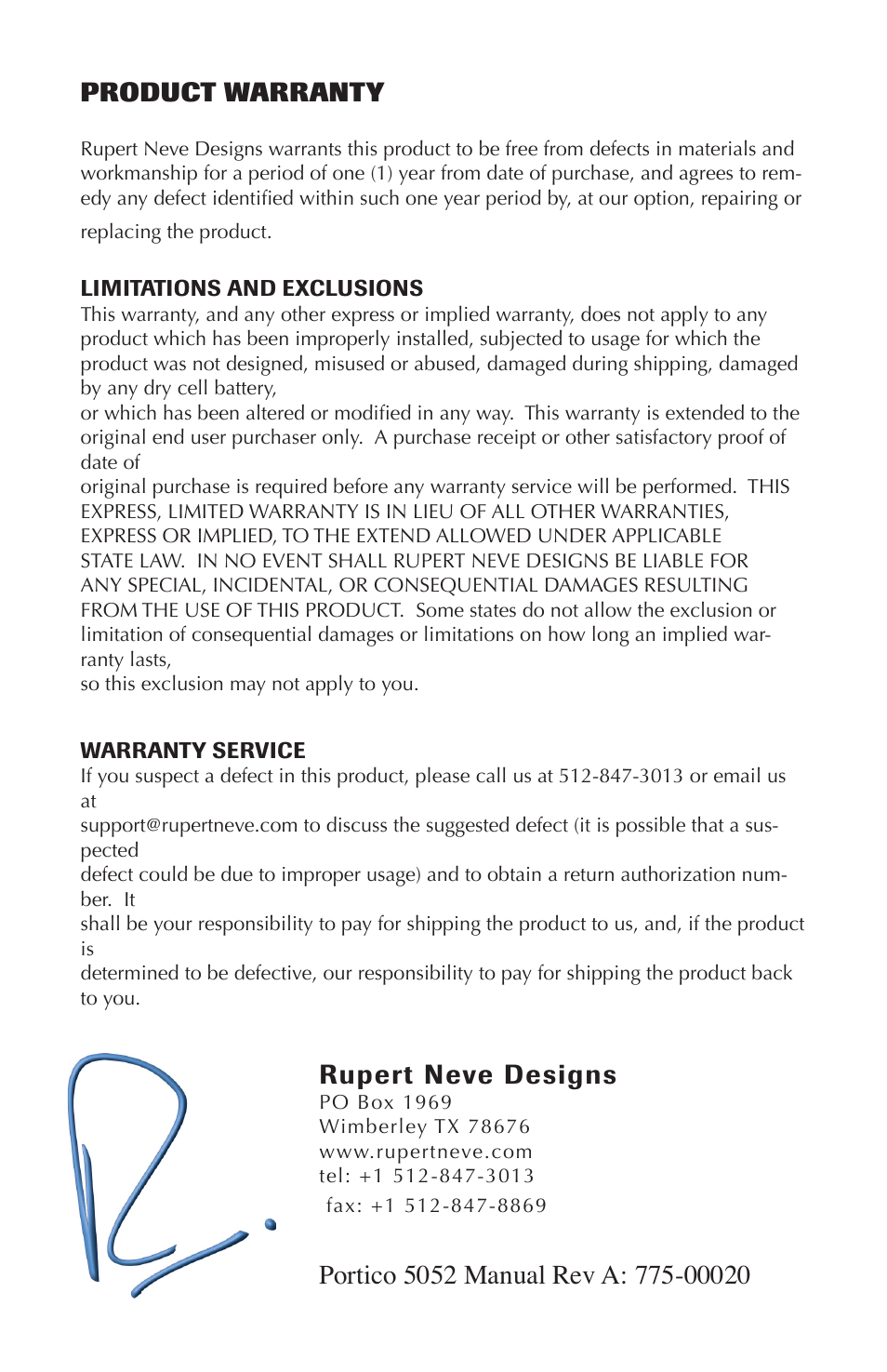 Product warranty, Rupert neve designs | Rupert Neve Shelford 5052: Mic Pre / Inductor EQ User Manual | Page 16 / 16