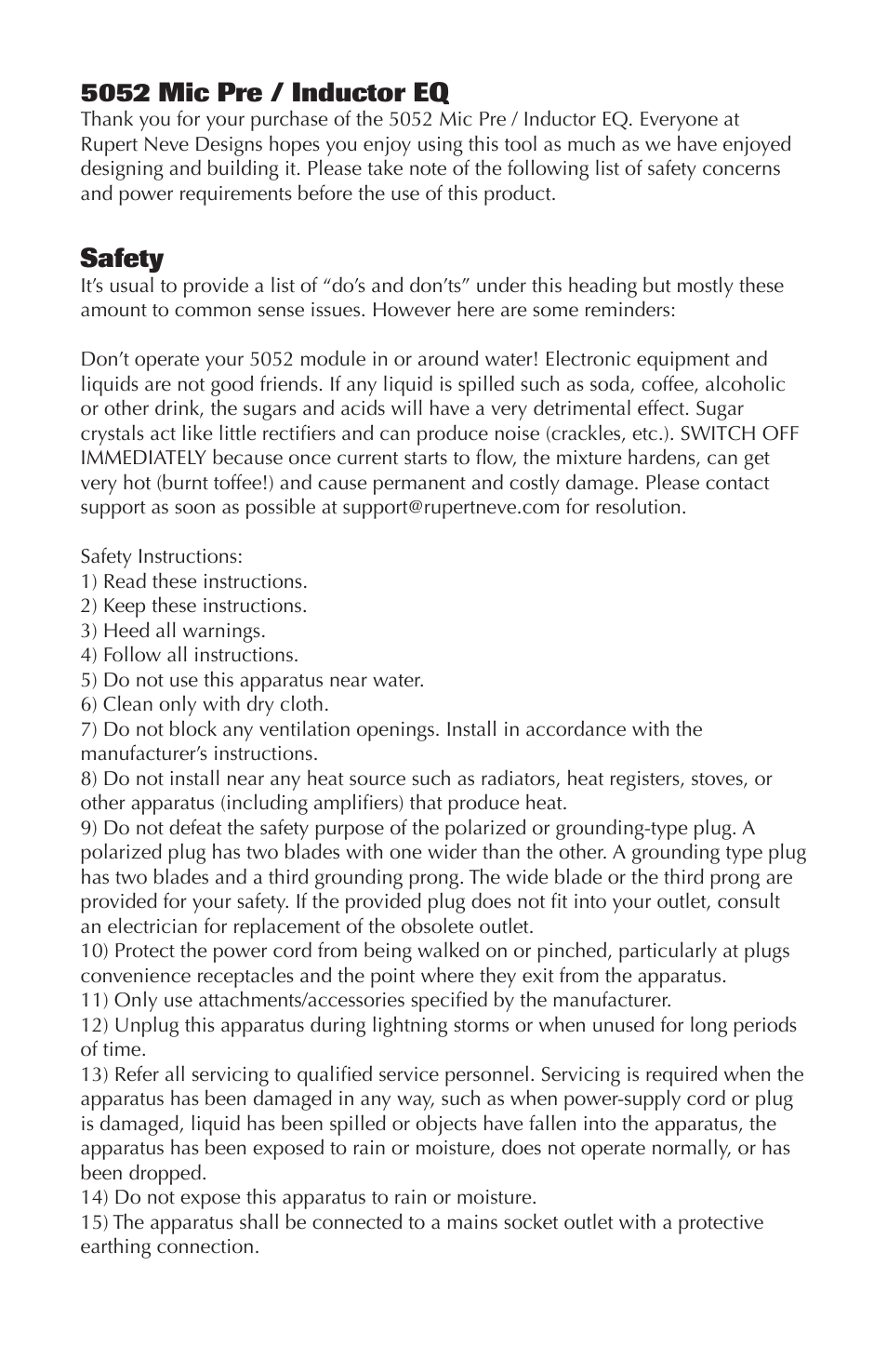 5052 mic pre / inductor eq, Safety | Rupert Neve Shelford 5052: Mic Pre / Inductor EQ User Manual | Page 2 / 16