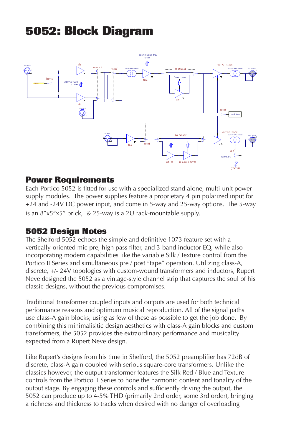 5052: back panel, 5052: block diagram, Power requirements | Rupert Neve Shelford 5052: Mic Pre / Inductor EQ User Manual | Page 5 / 16