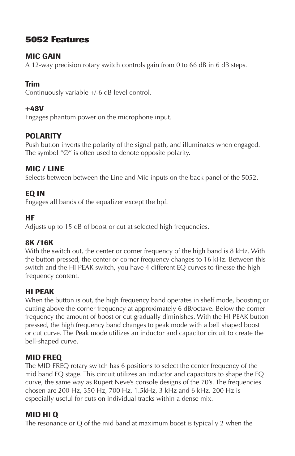 5052 features | Rupert Neve Shelford 5052: Mic Pre / Inductor EQ User Manual | Page 8 / 16