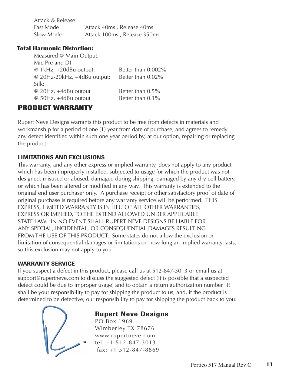 Rupert Neve 517 - 500 series DI/Pre/Comp User Manual | Page 11 / 11