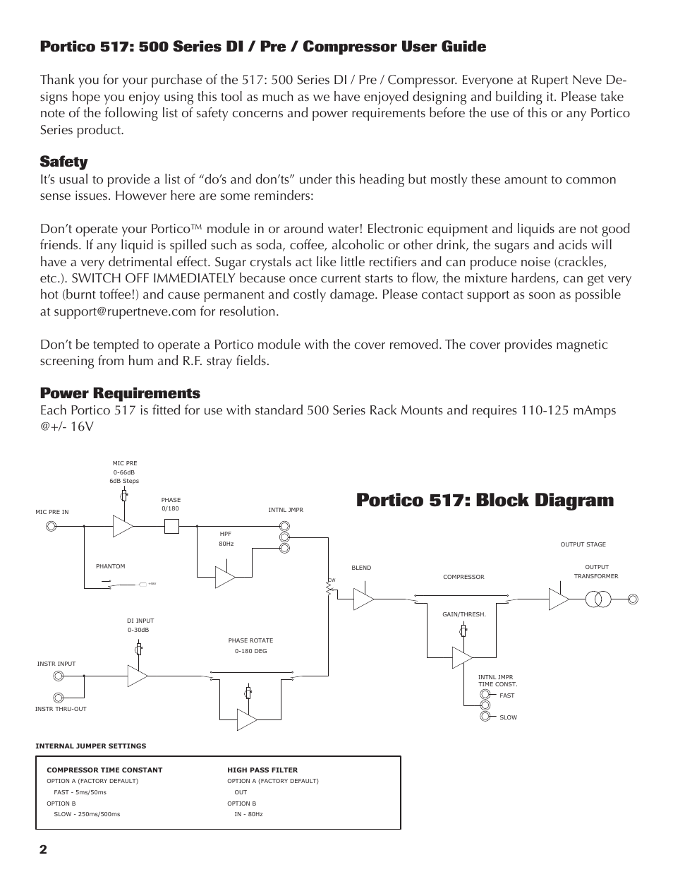 Portico 517: block diagram, Safety, Power requirements | Rupert Neve 517 - 500 series DI/Pre/Comp User Manual | Page 2 / 11