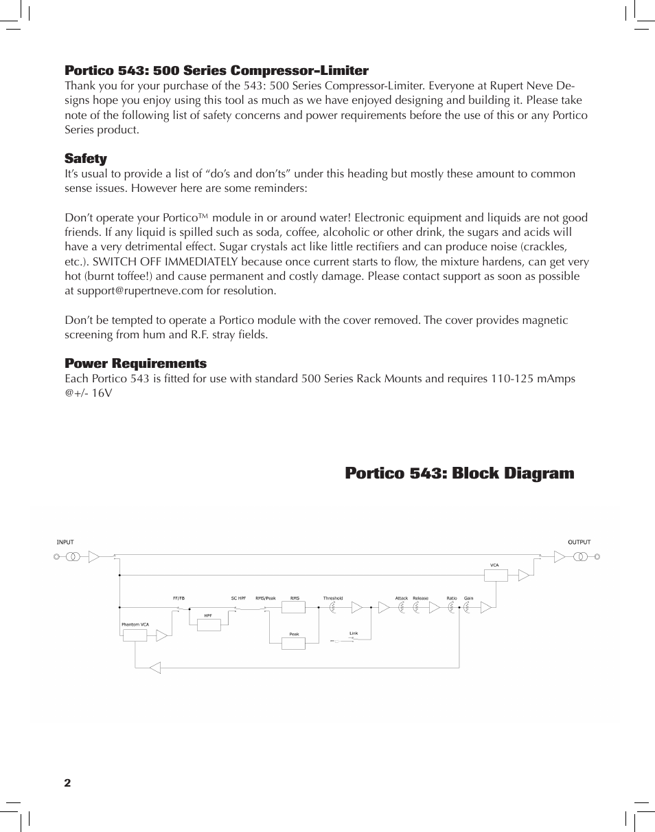 Portico 543: block diagram | Rupert Neve 543 - 500 Series Mono Compressor-Limiter User Manual | Page 2 / 11
