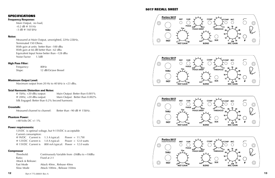 Specifications, 5017 recall sheet | Rupert Neve Portico 5017 - Mobile DI/Pre/Comp User Manual | Page 7 / 8