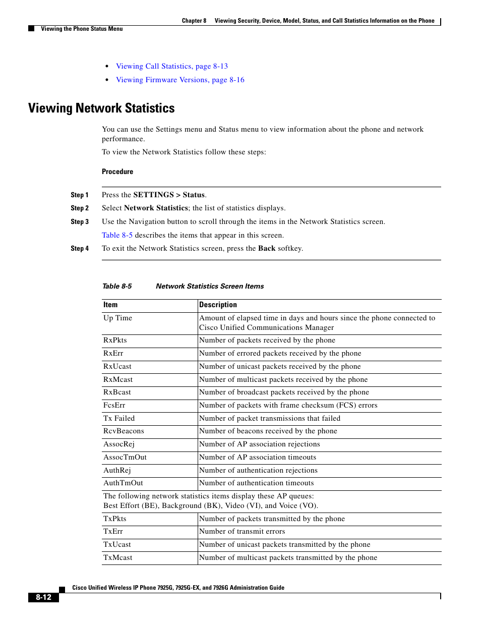 Viewing network statistics | Cisco 7925G-EX User Manual | Page 12 / 16