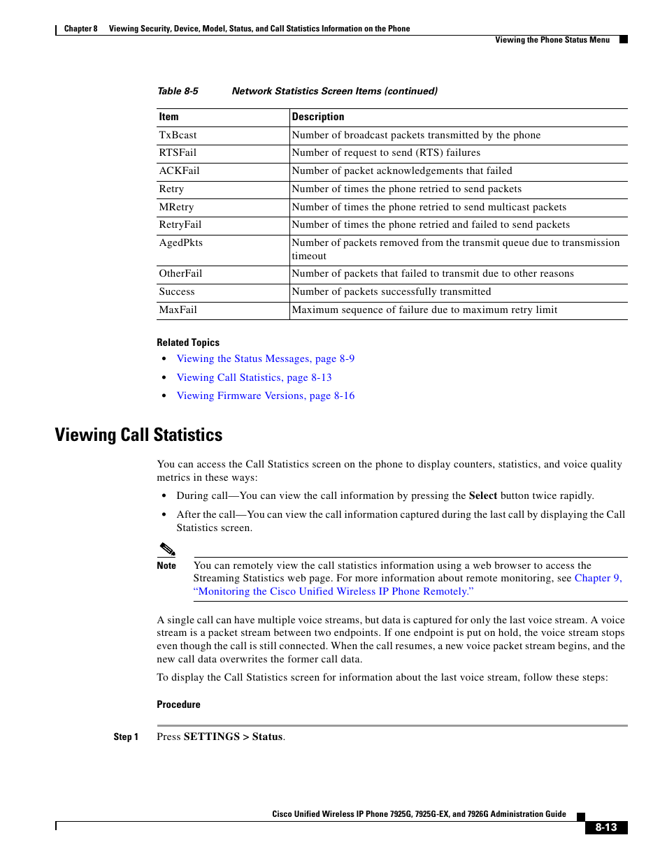 Viewing call statistics | Cisco 7925G-EX User Manual | Page 13 / 16