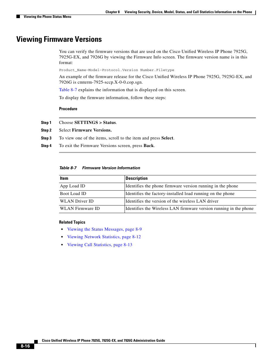 Viewing firmware versions | Cisco 7925G-EX User Manual | Page 16 / 16