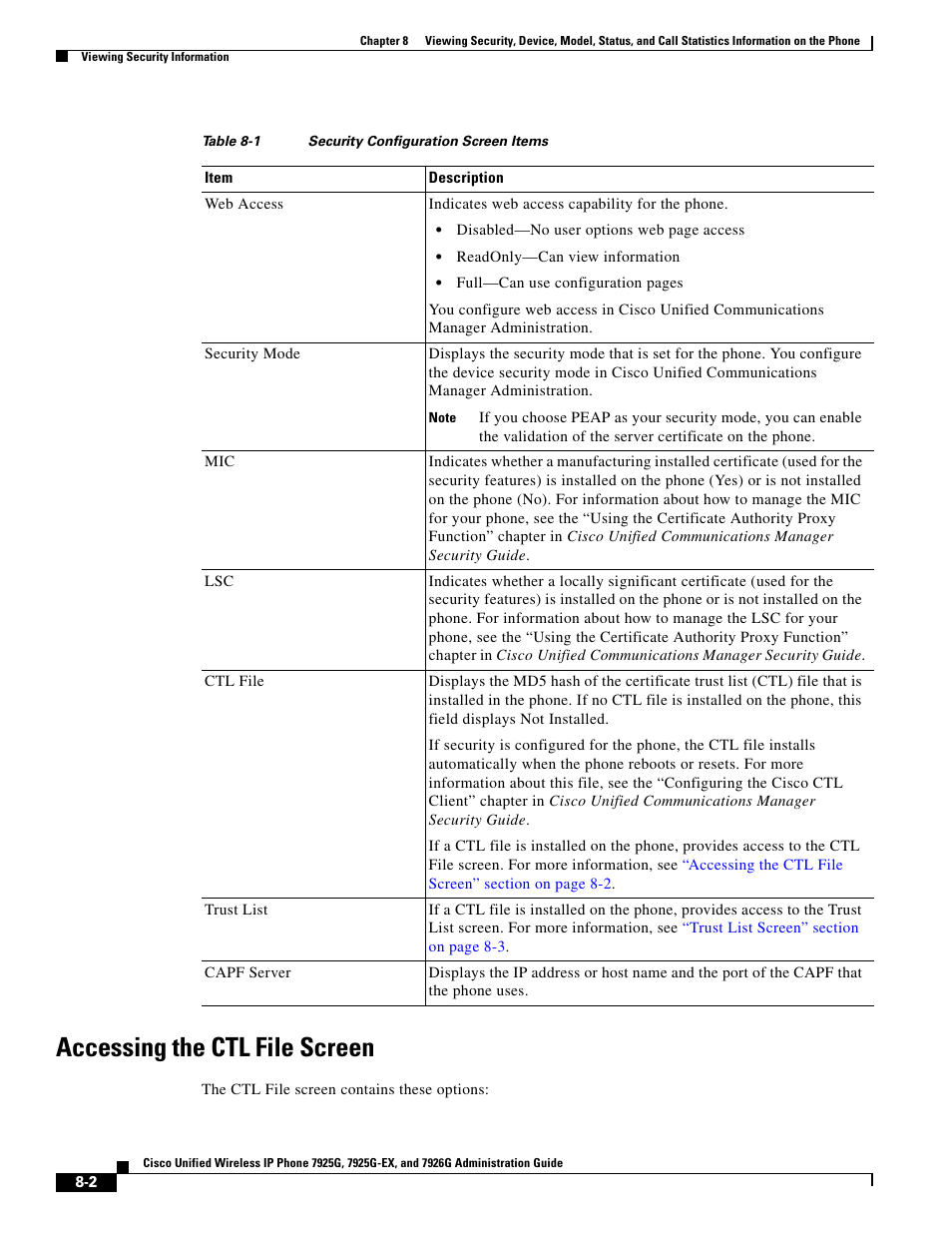 Accessing the ctl file screen, Table 8-1 | Cisco 7925G-EX User Manual | Page 2 / 16