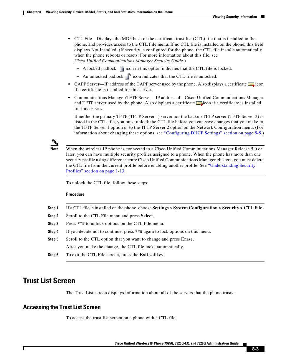 Trust list screen, Accessing the trust list screen, Trust list screen” section | Cisco 7925G-EX User Manual | Page 3 / 16