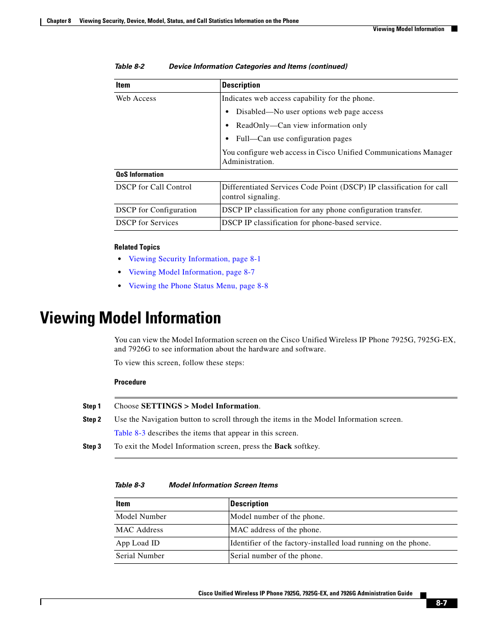 Viewing model information | Cisco 7925G-EX User Manual | Page 7 / 16