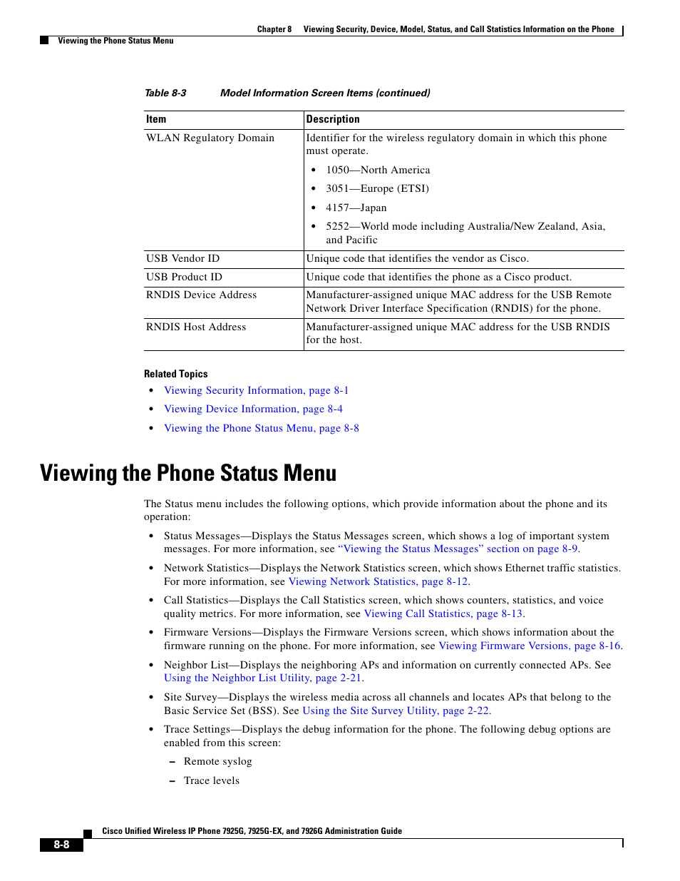 Viewing the phone status menu | Cisco 7925G-EX User Manual | Page 8 / 16
