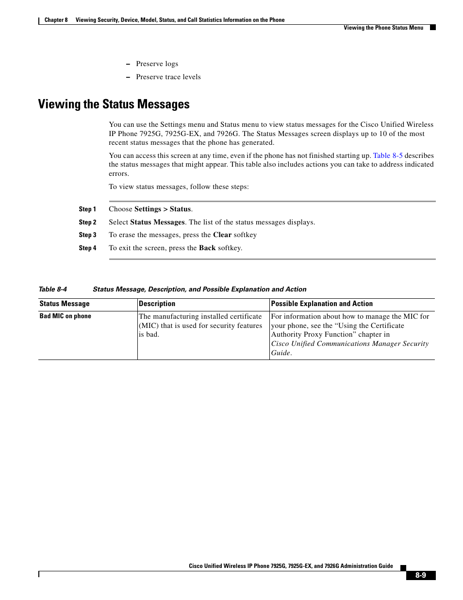 Viewing the status messages | Cisco 7925G-EX User Manual | Page 9 / 16