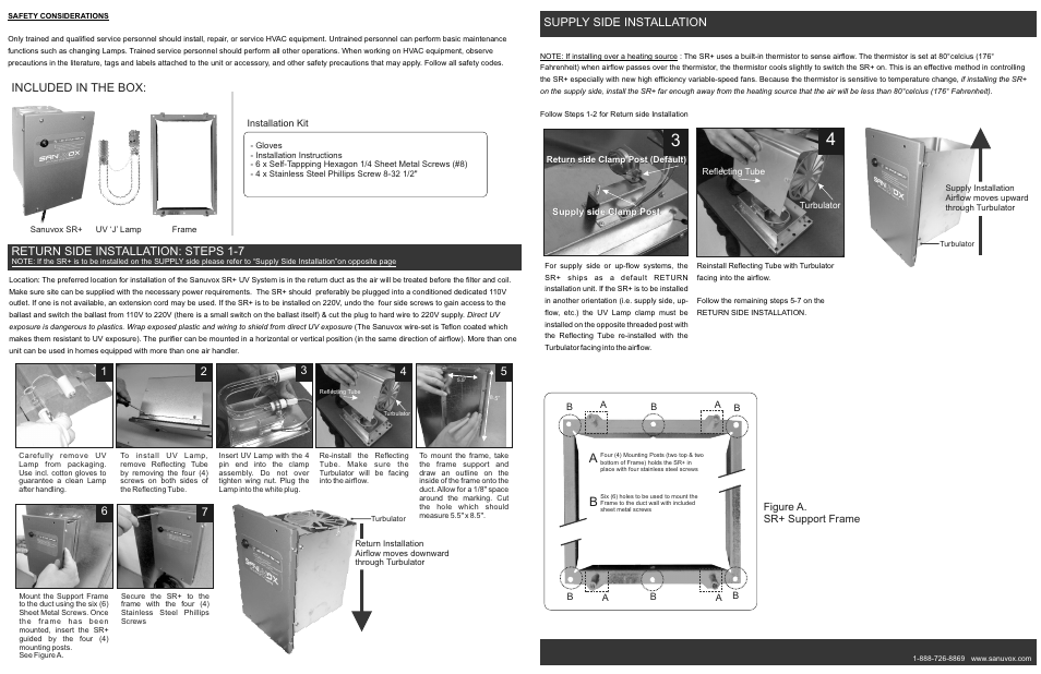 Included in the box, Return side installation: steps 1-7, Supply side installation | Figure a. sr+ support frame | Sanuvox SR+ User Manual | Page 2 / 2