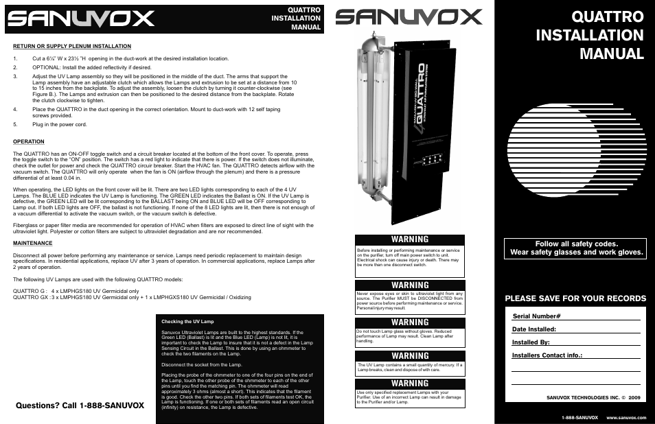 Sanuvox UV BIO-WALL QUATTRO User Manual | 2 pages