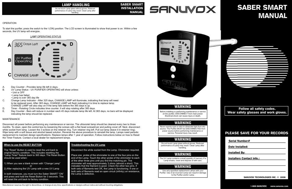 Sanuvox SABER SMART User Manual | 2 pages