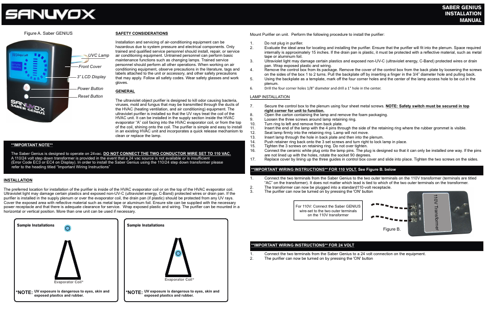 Saber genius installation manual | Sanuvox SABER GENIUS 24/110V User Manual | Page 2 / 2