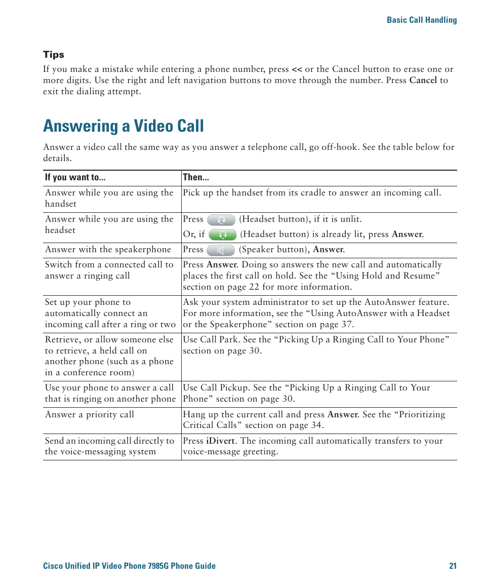 Answering a video call | Cisco 7985G User Manual | Page 27 / 64