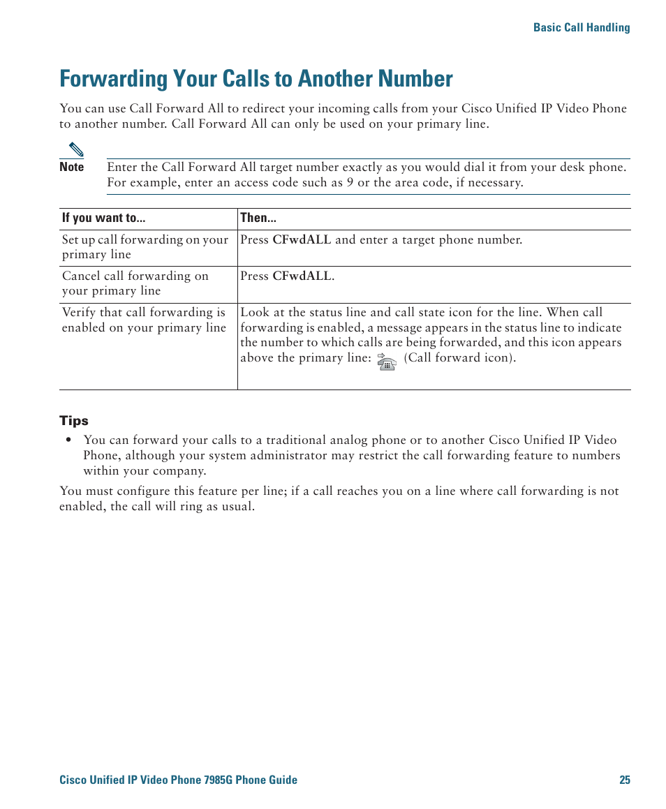 Forwarding your calls to another number | Cisco 7985G User Manual | Page 31 / 64