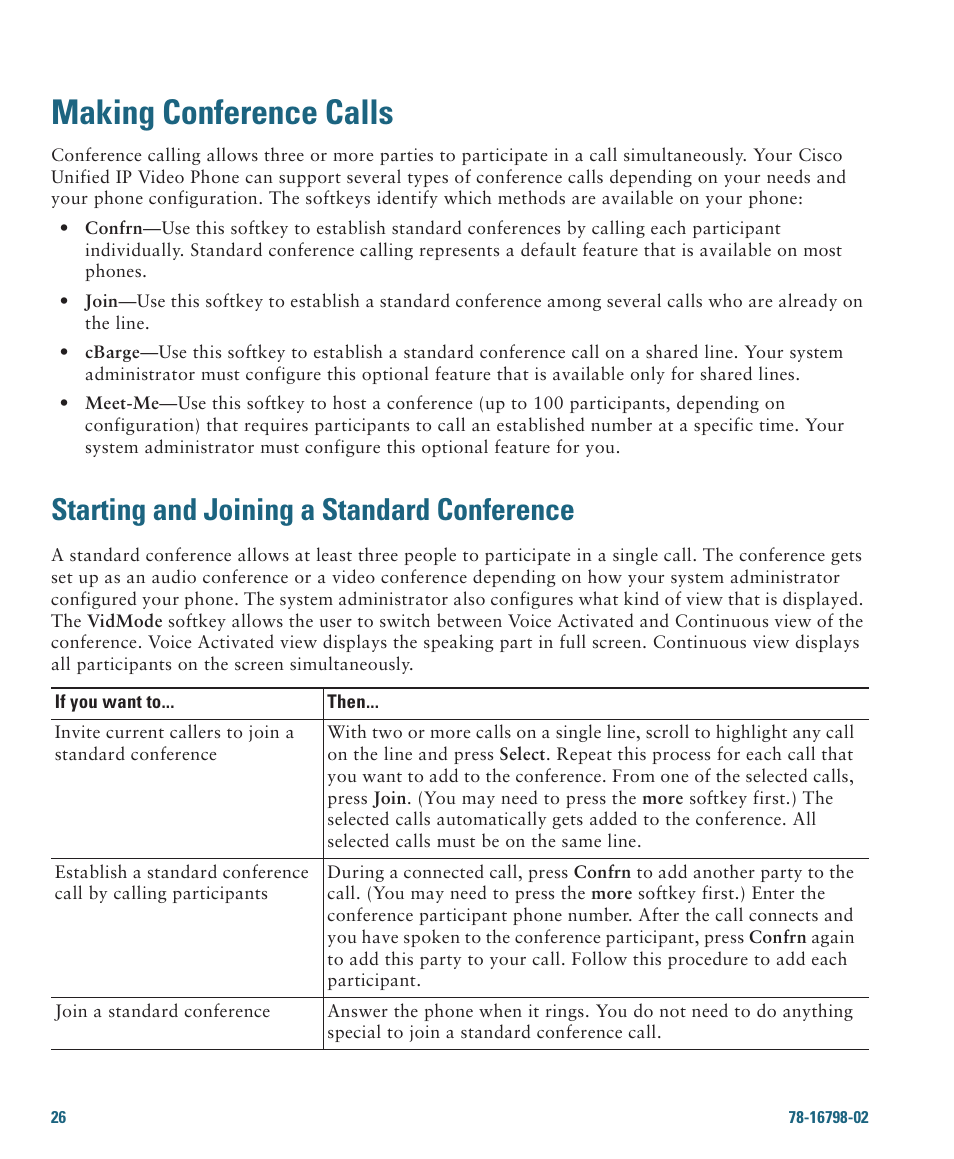 Making conference calls, Starting and joining a standard conference | Cisco 7985G User Manual | Page 32 / 64