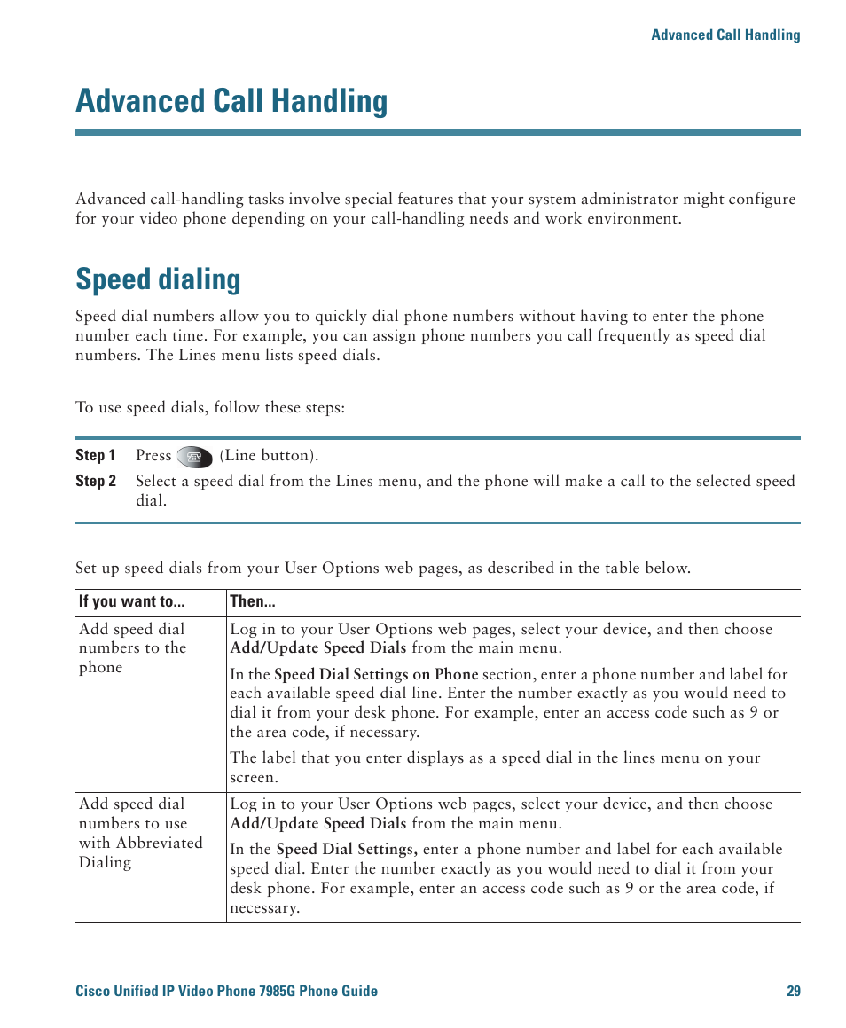 Advanced call handling, Speed dialing | Cisco 7985G User Manual | Page 35 / 64