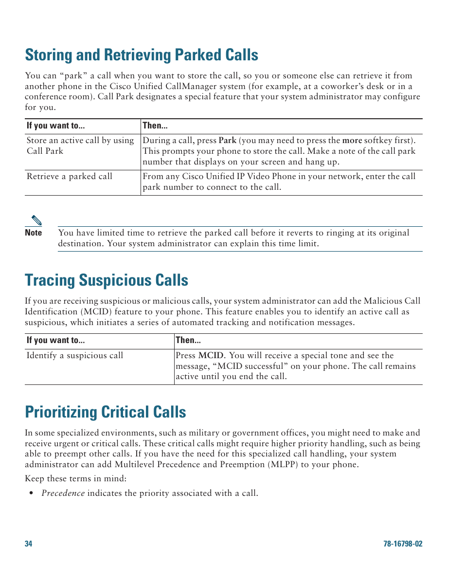 Storing and retrieving parked calls, Tracing suspicious calls, Prioritizing critical calls | Cisco 7985G User Manual | Page 40 / 64