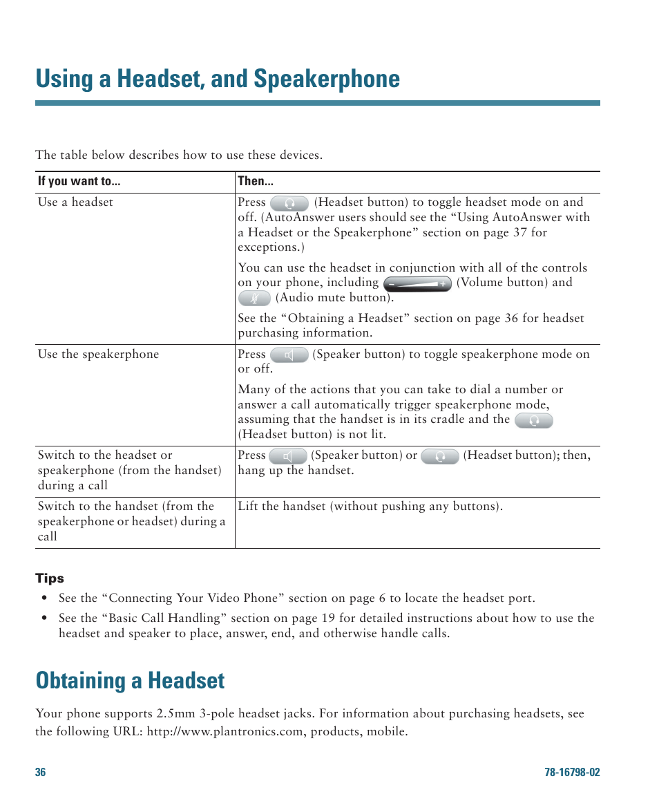 Using a headset, and speakerphone, Obtaining a headset | Cisco 7985G User Manual | Page 42 / 64